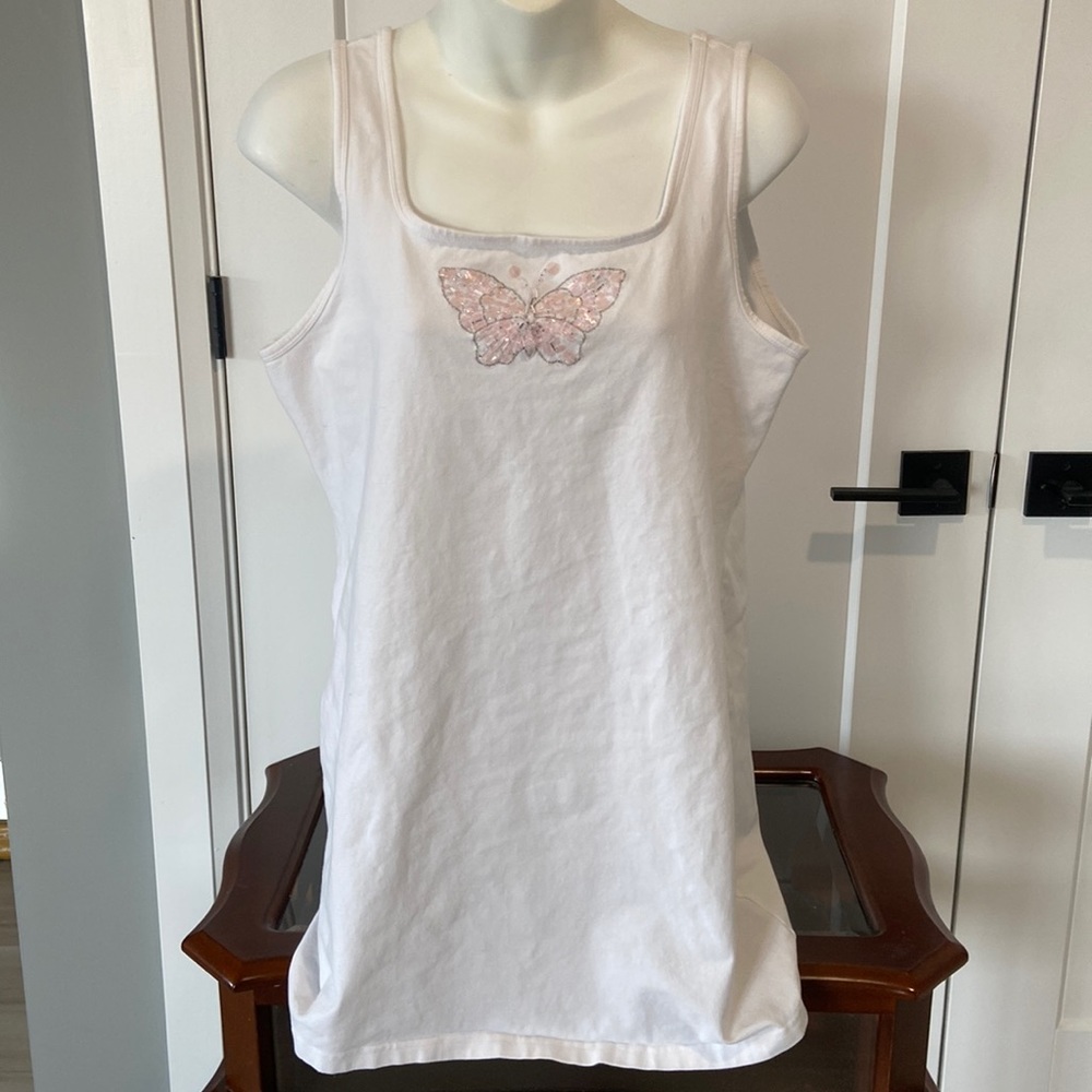 Romance Tank Top Womens XL White Embellished Beads Butterfly Scoop Neckline